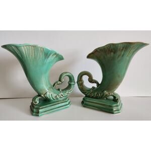 Vintage California Pottery Cornucopia Vases – Pair #3526 – Green Glaze